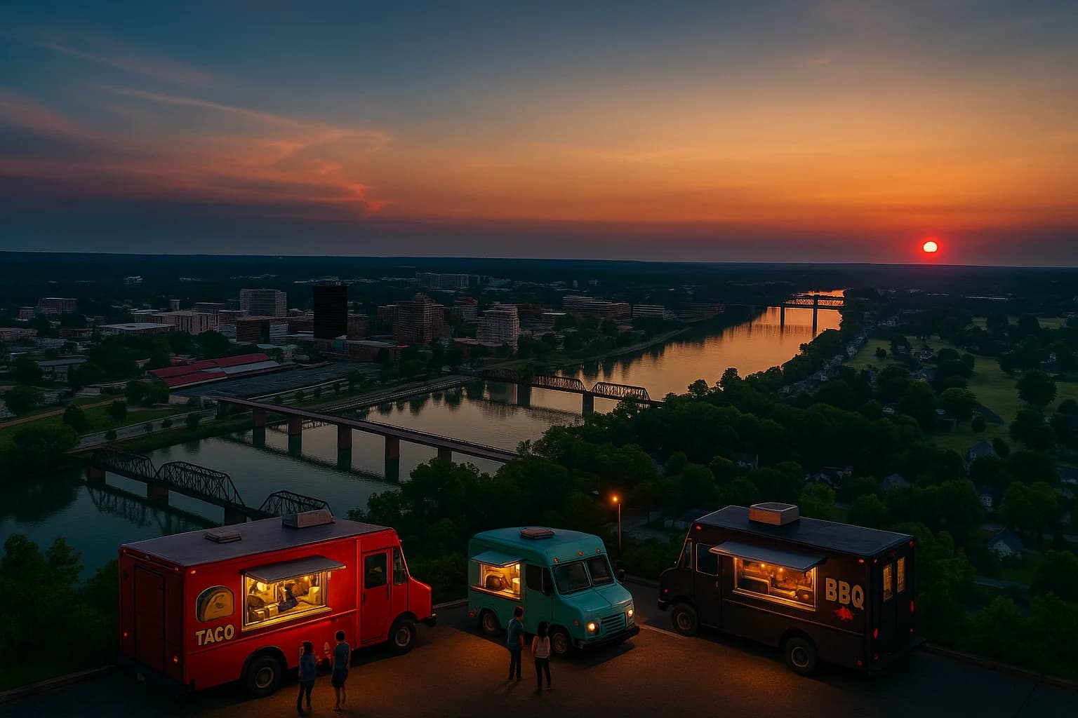 Downtown Augusta skyline at dusk with food trucks